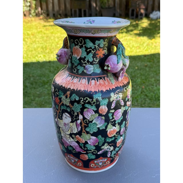 Chinese Vintage Chinese Ceramic Vase W/Butterflies, Flowers & Pomegranate Fruit Handles For Sale - Image 3 of 16