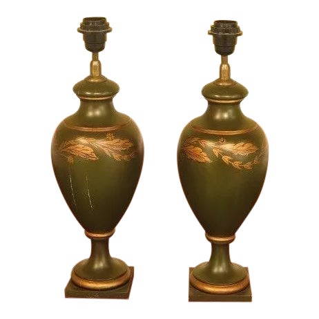 Capitel Wood Paint Decorated Urn Lamps - a Pair For Sale