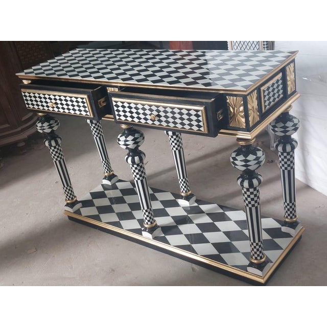 Vintage Harlequin Entryway Console Table Black & White Hollywood Regency For Sale - Image 9 of 9