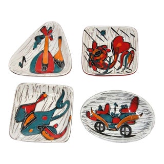 Set of Four Italian Leather-Backed Ceramic Dishes Florence, Circa 1950 For Sale