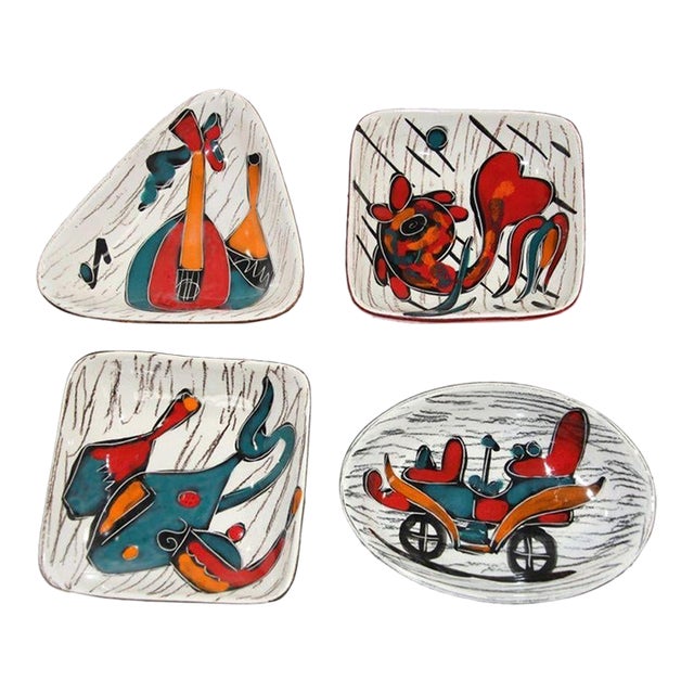 Set of Four Italian Leather-Backed Ceramic Dishes Florence, Circa 1950 For Sale