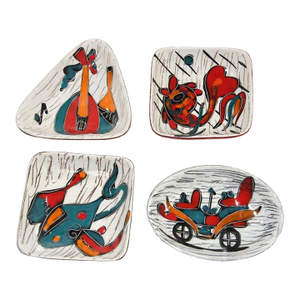 Set of Four Italian Leather-Backed Ceramic Dishes Florence, Circa 1950