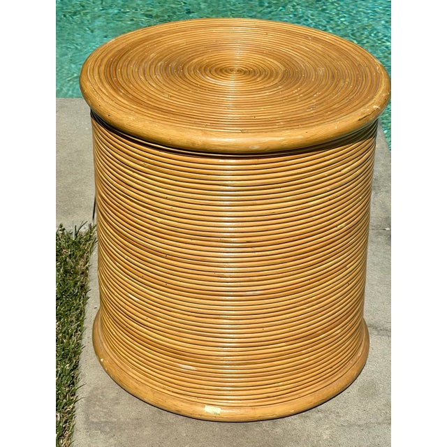Modern Vintage 1970s Boho-Chic Pencil Reed Rattan Sculptural Drum Side Table For Sale - Image 3 of 10