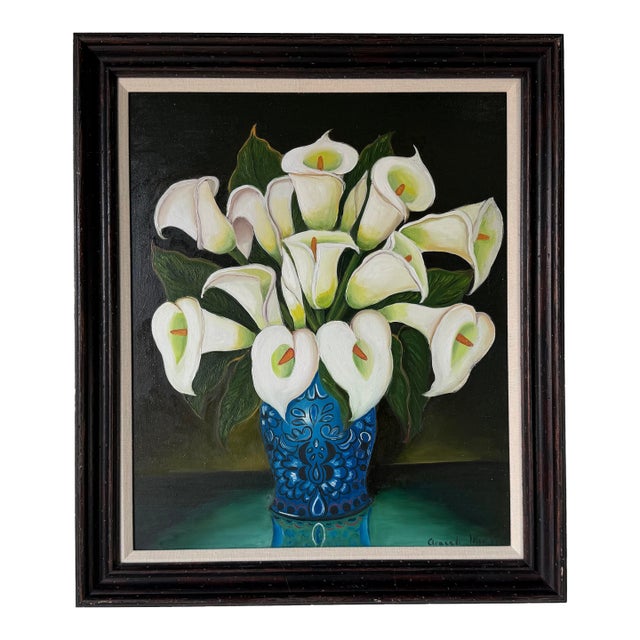 Vintage Graceli Mendoza Calla Lilies - Folk Art Oil on Board Painting, Wood Framed For Sale
