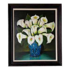 Vintage Graceli Mendoza Calla Lilies - Folk Art Oil on Board Painting, Wood Framed