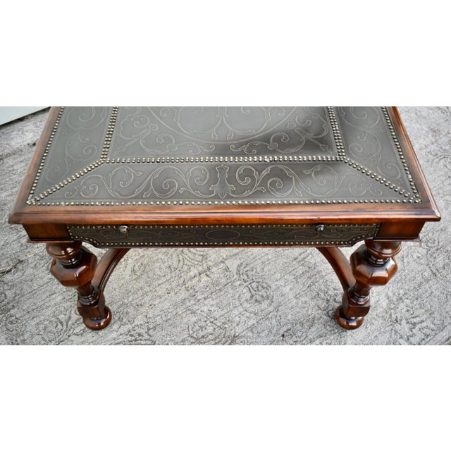 Vintage Theodore Alexander Brass Embossed Regency Style Cocktail Table W/Leather For Sale - Image 12 of 13