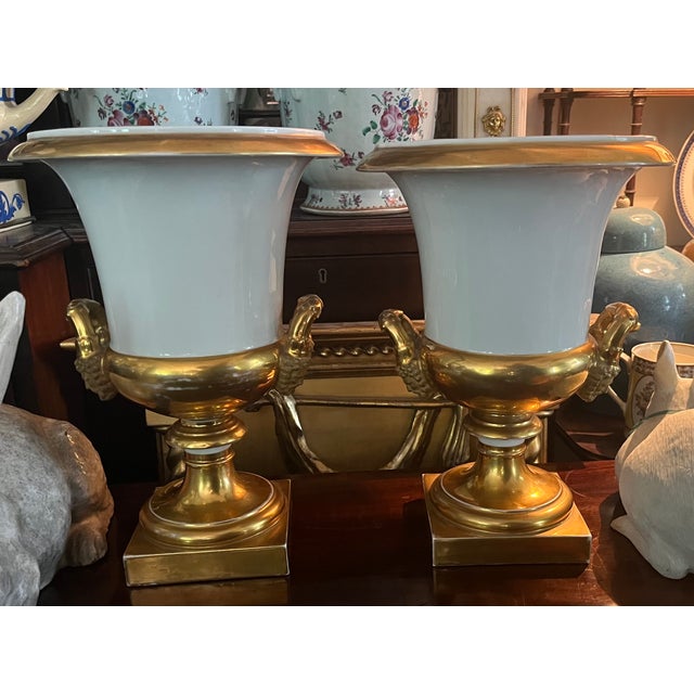 Monumental Antique French Empire 19th Century Paris Porcelain Urns or Vases in White & Gold - A Pair For Sale In New York - Image 6 of 11