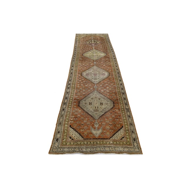 Tribal Antique Malayer Runner Rug With Terracotta Field and Geometric Medallions For Sale - Image 3 of 9