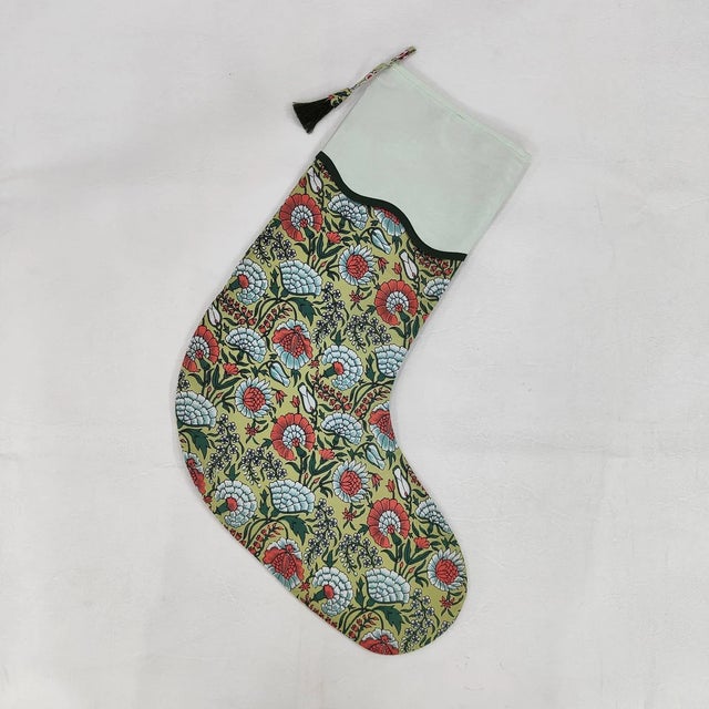 Indian Handmade Green, Pink, White Flower Block Print Christmas Stocking with Dark Green Piping For Sale - Image 3 of 3