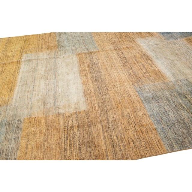 Textile Modern Handmade Sahar Sedeh Gabbeh Persian Wool Rug With Camel Color Design For Sale - Image 7 of 10