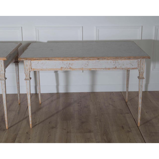 Wood 19th Century Pair of Gustavian Style Painted Tables, Repainted in Light Gray For Sale - Image 7 of 14