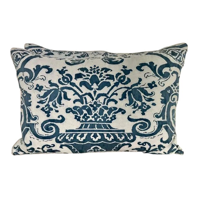 Pair of Blue & White Fortuny Floral Cotton Pillows For Sale
