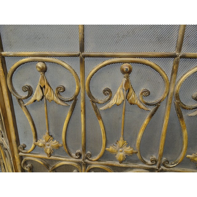 Vintage French Country Yellow Ornate Three Panel Fireplace Screen For Sale In Los Angeles - Image 6 of 18