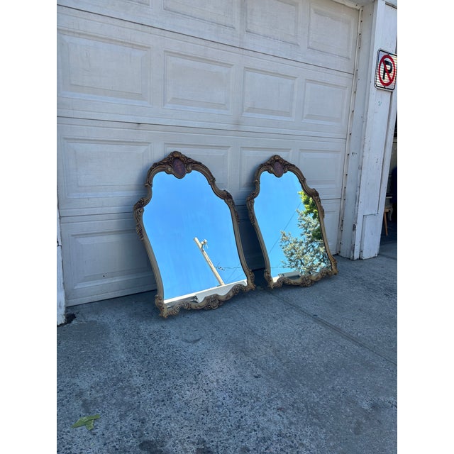 French Provincial Pair of Vintage French Provincial Rococo Style Wall Mirrors Hollywood Regency Ornate Gold Frames For Sale - Image 3 of 9