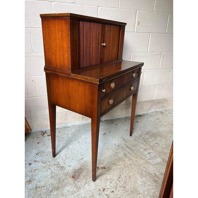 Wood English Edwardian Style Mahogany Inlaid Secretary Writing Tambour Desk. For Sale - Image 7 of 11