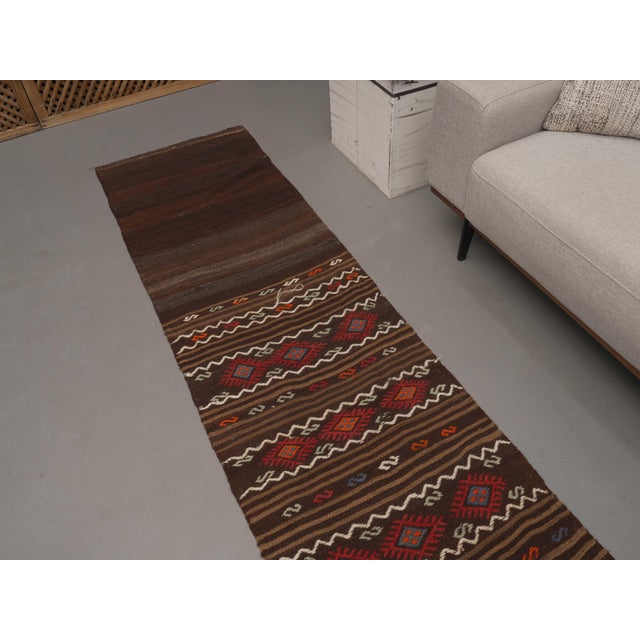 1970s 1970s Vintage Handmade Wool Cotton Brown Runner Rug For Sale - Image 5 of 11
