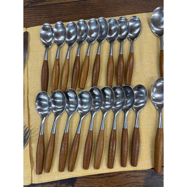 Wood Vintage Dansk "Fjord" Flatware Set - Estate, Rare 3-Generation Hallmarks - Pristine 72 Pieces For Sale - Image 7 of 12