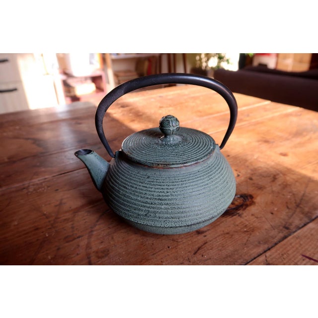 Vintage Green Cast Iron Teapot, Japanese Tetsubin Style, Ribbed For Sale - Image 10 of 11