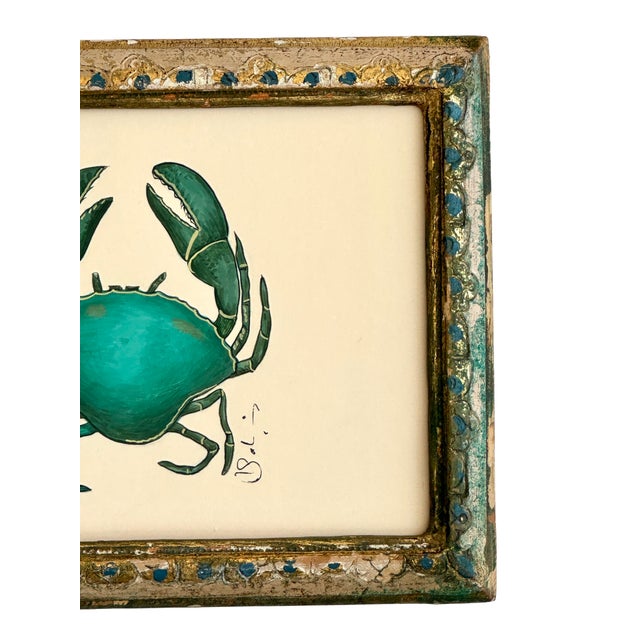 Nautical Original Hand-Painted Crab Painting, Framed in a Vintage Italian Frame For Sale - Image 3 of 4