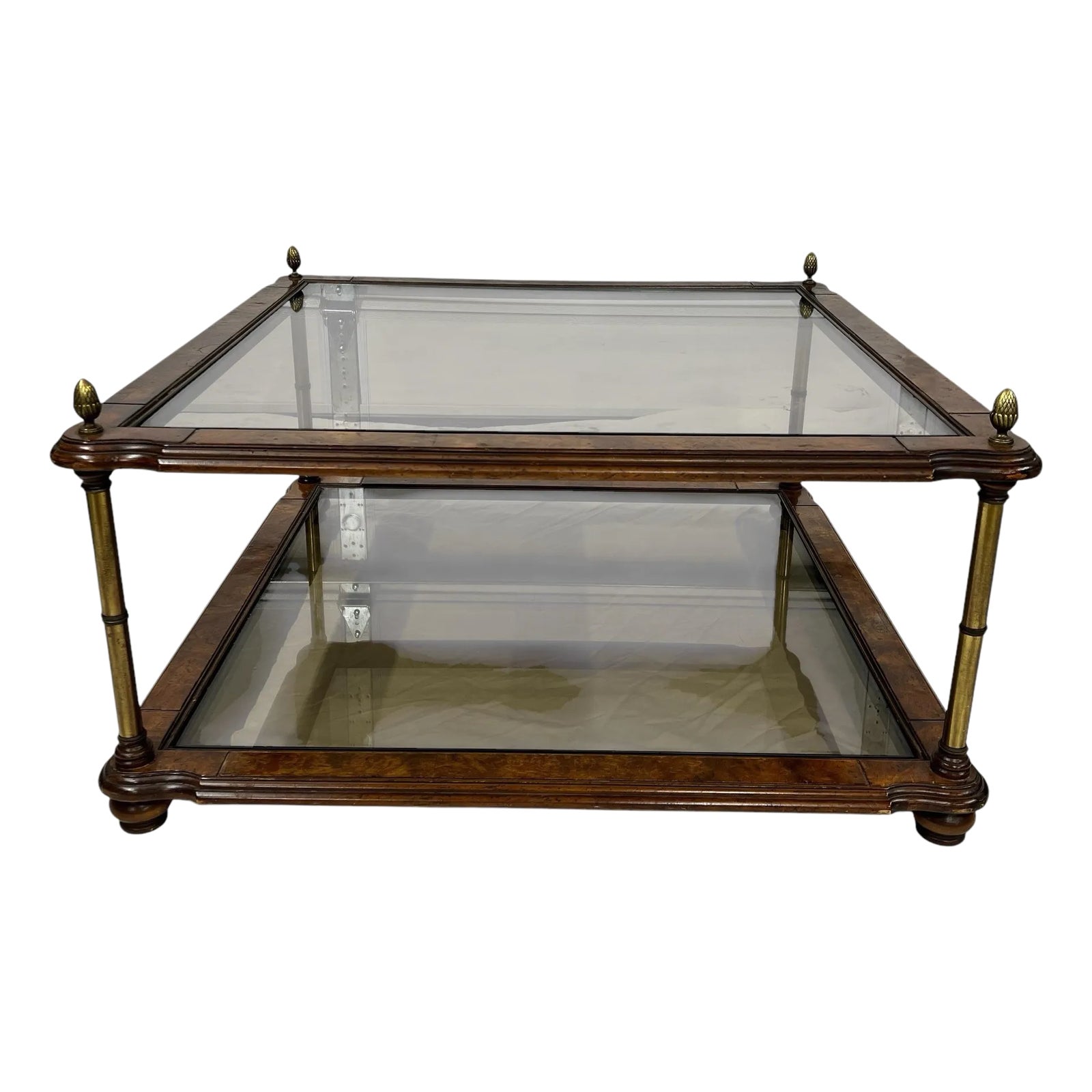 Mid Century Burl Wood Square Two Tier Smoked Glass Brass Pineapple ...