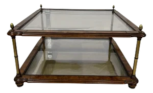 Mid Century Burl Wood Square Two Tier Smoked Glass Brass Pineapple Finials Coffee Table