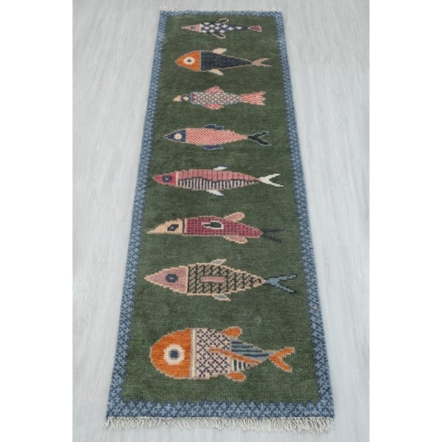 Koi Fish Olive Green Hand Knotted Runner Rug 2.6x12Ft. For Sale - Image 16 of 18