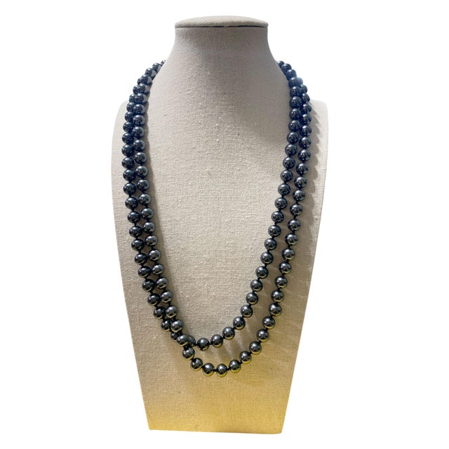 Black Long Vintage Two Strand Faux Black Pearls With Beige Focal Necklace For Sale - Image 8 of 8