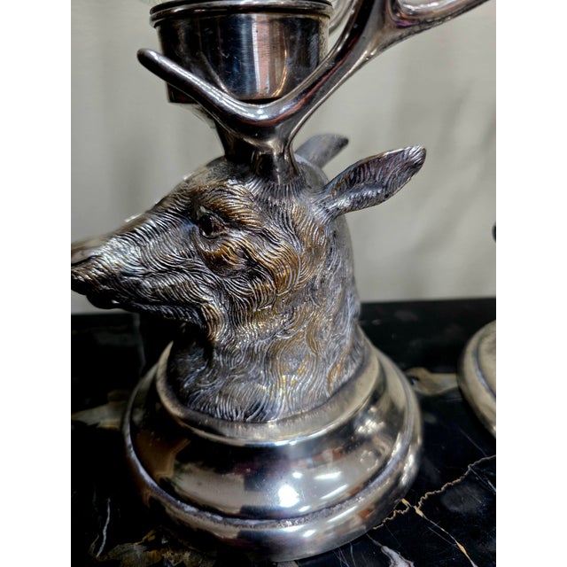 1950s Pair of Carole Stupell Stag Silverplate Hurricane Lamps For Sale - Image 10 of 13