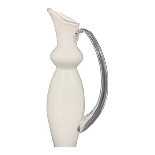 Orrefors Opaline Glass Pitcher With Clear Handle, Scandinavian Modern Vintage. For Sale