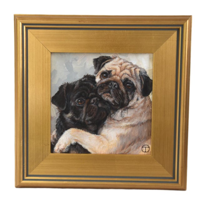 2020s Two Pug Dogs Puppies Hugging Portrait Painting Including the Antiqued Gold Wood Frame For Sale - Image 5 of 5