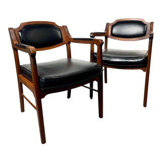 Mid Century Modern Armchairs in Walnut and Black Naugahyde by Alma Desk Company For Sale
