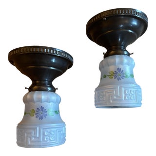 Pair of Blue Opalescent Frosted Glass Flushmounts With Hand Painted Flowers and Geometric Pattern Circa 1920’s For Sale