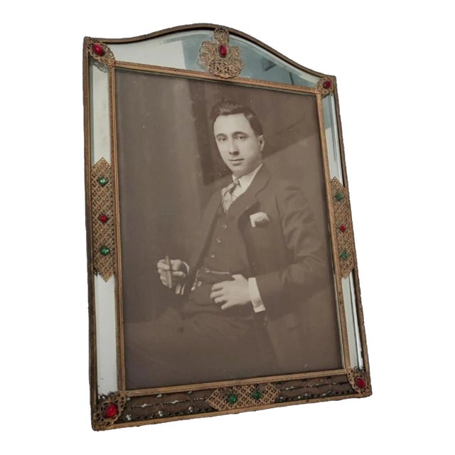 Circa 1920 French Art Deco Bejeweled Mirrored Picture Frame For Sale