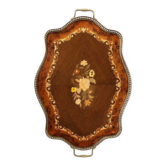 Large Mid-Century Italian Inlaid Wood Serving Tray With Metal Gallery, C. 1960s For Sale