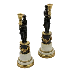 Pair of 19th Century French Bronze and Marble Consulat Candlesticks