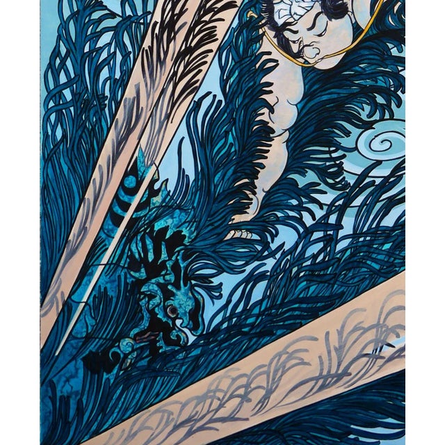 1990s 1990s Large Blue Painting of “Wakashima Gonemon Swimming Underwater” Ukiyo-E Print by Unknown Artist For Sale - Image 5 of 12