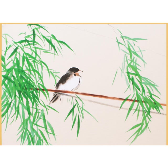 Lovely Heisei Era Japanese Watercolor Painting "Flycatcher". Signed and sealed by artist in ink. Watercolor and ink on...