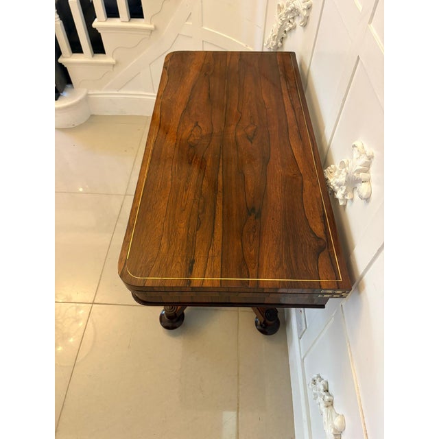 Hollywood Regency Antique Regency Rosewood and Brass Inlaid Card or Console Table with Fold Over Top, 1860s For Sale - Image 3 of 12