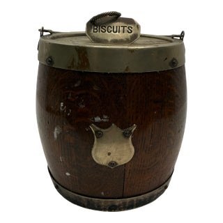 Antique English Oak & Silver Plate Biscuit Barrel For Sale