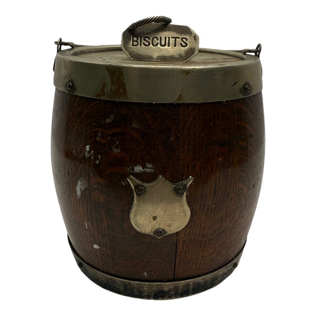 Antique English Oak & Silver Plate Biscuit Barrel For Sale
