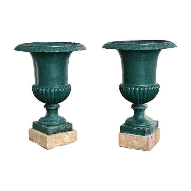 Metal French 19th Century Pair of Cast Iron Urns on Stone Bases For Sale - Image 7 of 7