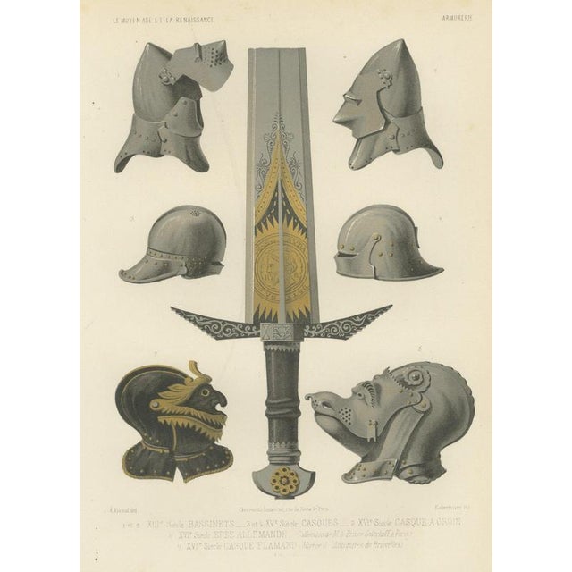 After Rivaud, Medieval Helmets and a German Sword, 1851, Chromolithograph For Sale - Image 9 of 9