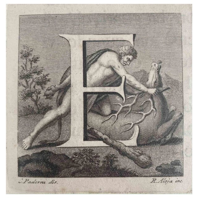 Antiquities of herculaneum - letter of the alphabet e, from the series "antiquities of herculaneum", is an etching on...
