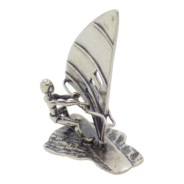 Vintage Italian Handmade Genuine Silver Windsurf & Windsurfer Large Solid Figurine Miniature For Sale