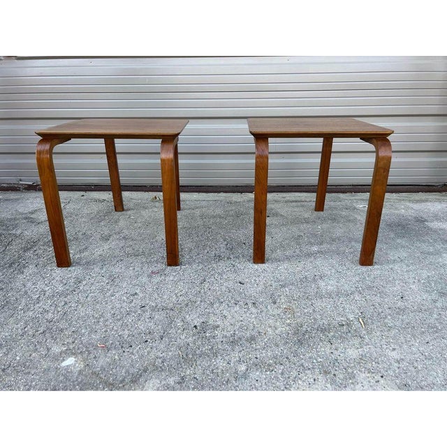 Alvar Aalto Style Pair Mid Century Danish Teak Side Tables. ln the style of early Alvar Aalto for Finmar an unusual bent...