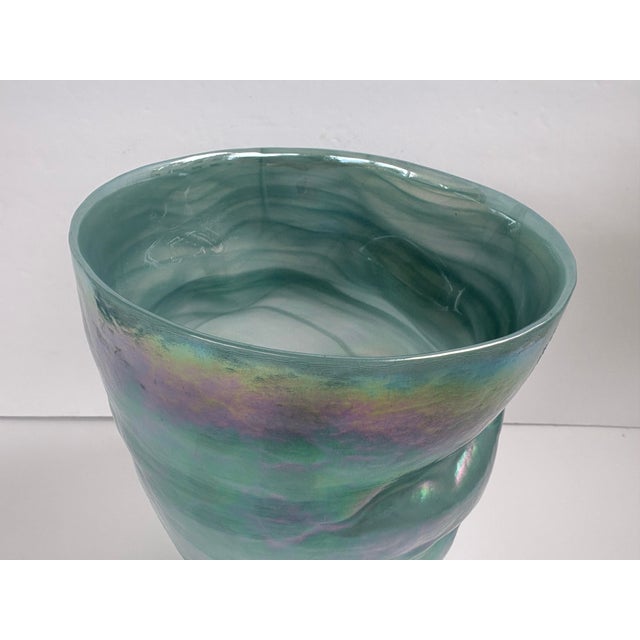 Glass Mid 20th Century Iridescent Aqua Art Glass Vase With Asymmetrical Sculptural Form For Sale - Image 7 of 8