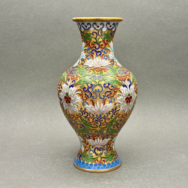 Vintage Chinese Cloisonné Enamel Floral Lotus Vase For Sale - Image 4 of 9
