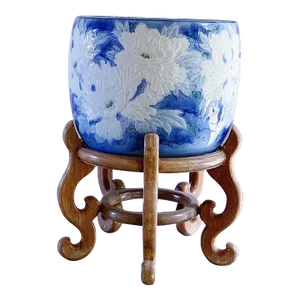Antique Chinese Planter With Raised Peonies in Blue & White on Wood Stand