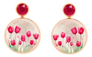 Red Tulip Flower Fields Earrings Studs With Rubies and Mother of Pearl, A Pair