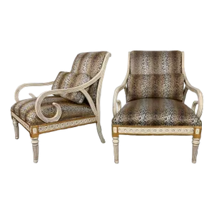 Late 20th Century Henredon Neoclassic Revival Animal Print Fabric Large Scale Fireside Chairs a Pair